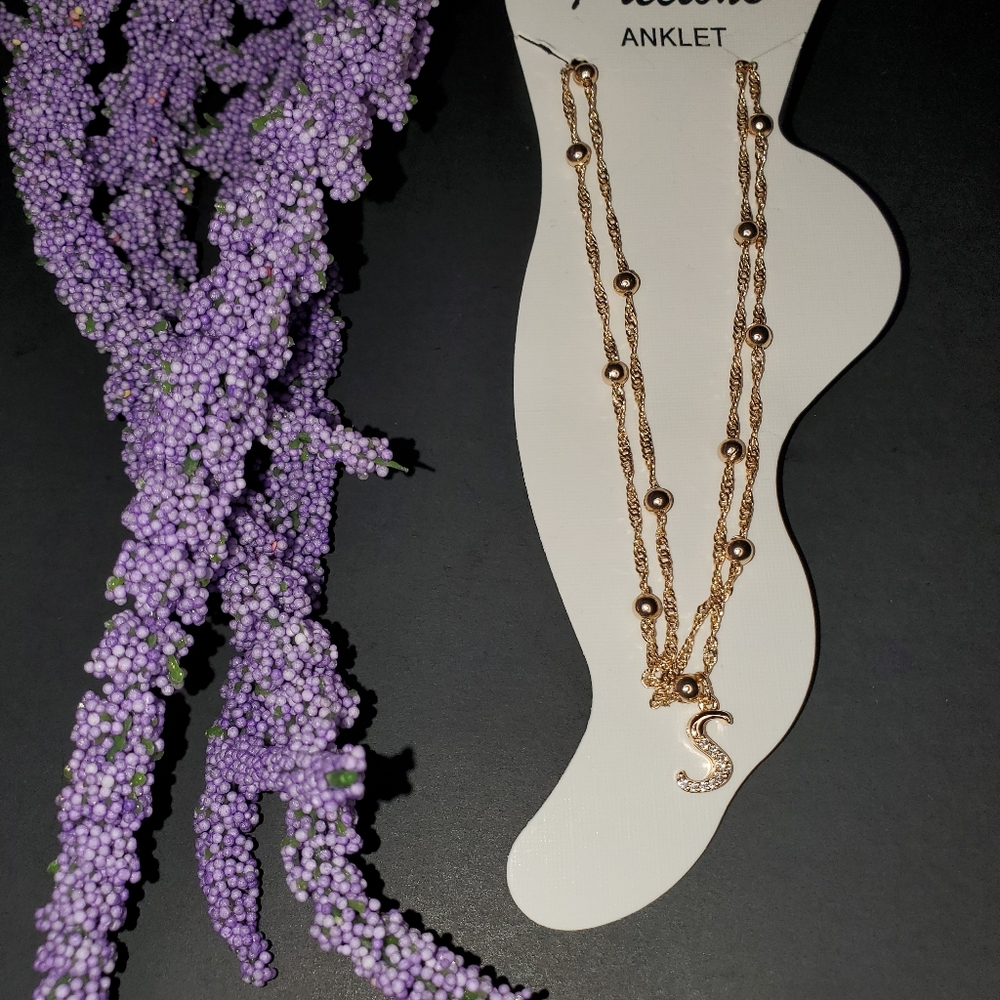 Bracelet Initial Ankle with letter (S) symbol, double layer chain color Gold